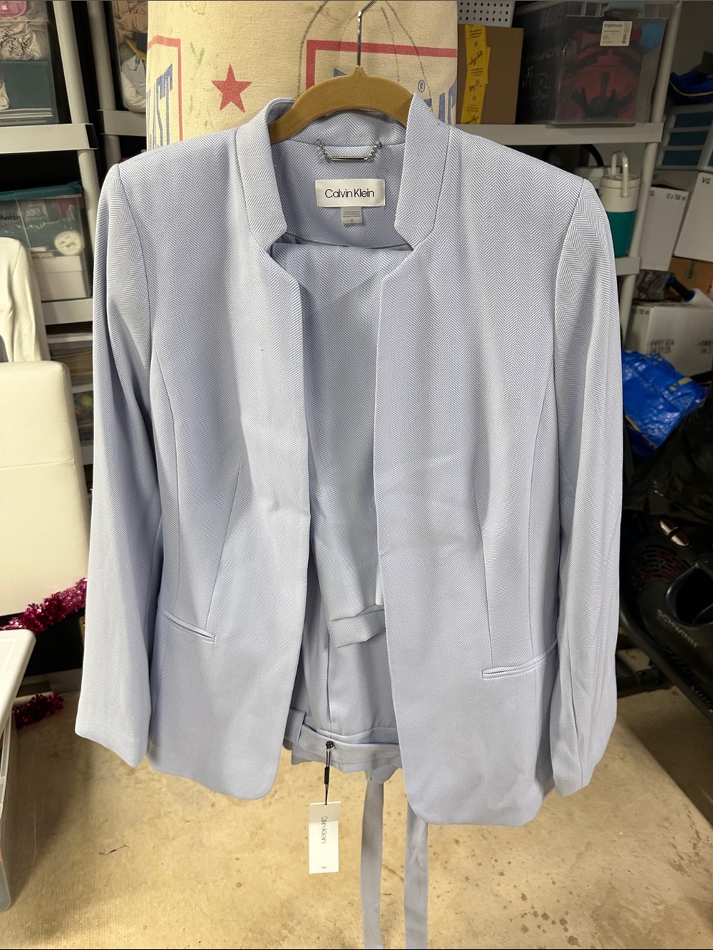 Calvin Klein Pale Blue Open-Front Women's Blazer with Tie